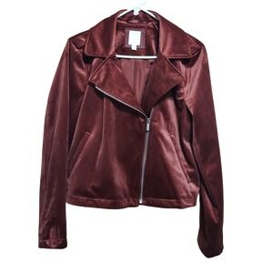 LC Lauren Conrad Womens Velvet Moto Jacket Rust Burgundy Asymmetrical Zip Large‎